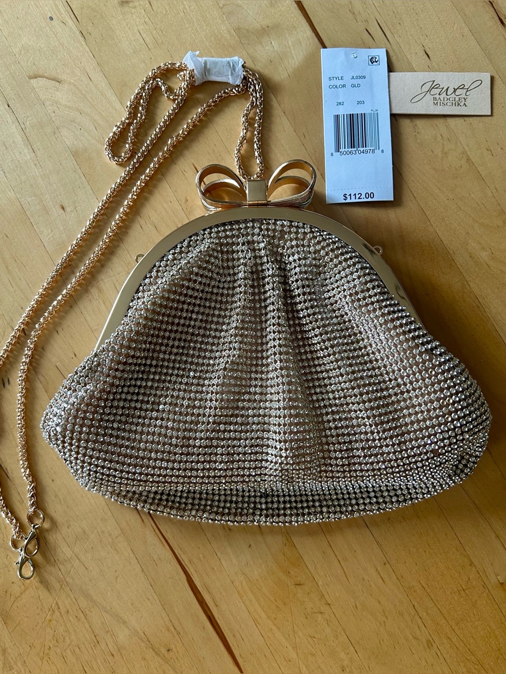 Jewel Badgley Mischka Nikko Gold Crystal Mesh Pouch Clutch Bag Formal